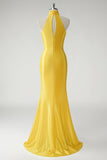 Sirène jaune Robe longue de bal en satin dos nu