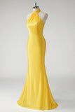 Sirène jaune Robe longue de bal en satin dos nu