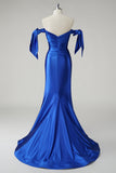 Robe De Soirée plissée sirène bleu royal à épaules dénudées
