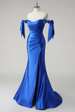 Robe De Soirée plissée sirène bleu royal à épaules dénudées