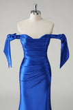 Robe De Soirée plissée sirène bleu royal à épaules dénudées