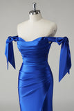 Robe De Soirée plissée sirène bleu royal à épaules dénudées