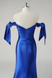 Robe De Soirée plissée sirène bleu royal à épaules dénudées