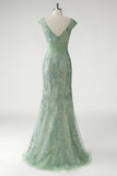 Vert Col V Sirène Appliques Paillettes Cap Manches Robe De Soirée