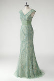 Vert Col V Sirène Appliques Paillettes Cap Manches Robe De Soirée