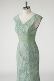 Vert Col V Sirène Appliques Paillettes Cap Manches Robe De Soirée