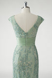 Vert Col V Sirène Appliques Paillettes Cap Manches Robe De Soirée