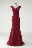 Robe de la mère de la mariée brodée en sirène rouge rouge foncé à col en V avec sequins