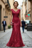 Robe de la mère de la mariée brodée en sirène rouge rouge foncé à col en V avec sequins