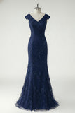 Robe de la mère de la mariée brodée en sirène rouge rouge foncé à col en V avec sequins
