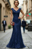 Robe de la mère de la mariée brodée en sirène rouge rouge foncé à col en V avec sequins