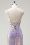 Corset scintillant lilas sirène spaghetti bretelles robe de bal avec fente