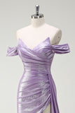 Robe de bal cape froncée lilas scintillante à épaules dénudées avec fente