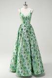 Robe longue de bal à bretelles spaghetti florales a-trapèze vert scintillant