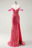 Robe de bal sirène fuchsia à paillettes à épaules dénudées