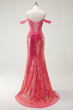 Robe de bal sirène fuchsia à paillettes à épaules dénudées