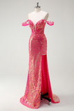 Robe de bal sirène fuchsia à paillettes à épaules dénudées