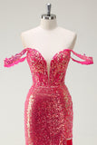 Robe de bal sirène fuchsia à paillettes à épaules dénudées