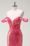 Robe de bal sirène fuchsia à paillettes à épaules dénudées