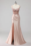 Blush Satin Sirène Sequin Robe de soirée avec Fente