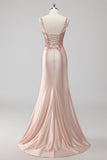 Blush Satin Sirène Sequin Robe de soirée avec Fente