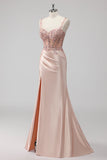 Blush Satin Sirène Sequin Robe de soirée avec Fente