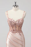 Blush Satin Sirène Sequin Robe de soirée avec Fente