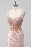 Blush Satin Sirène Sequin Robe de soirée avec Fente