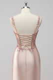 Blush Satin Sirène Sequin Robe de soirée avec Fente