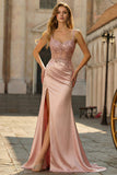 Robe de soirée sirène blush satin à sequins fente