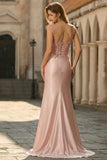 Robe de soirée sirène blush satin à sequins fente