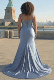 Corset gris-bleu, satin sirène, perlé, robe longue de bal grande taille avec fente