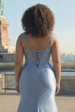 Corset gris-bleu, satin sirène, perlé, robe longue de bal grande taille avec fente