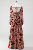 Dusty Rose Floral Corset Une Ligne Manches Longues Robe D’invitée De Mariage Avec Fente