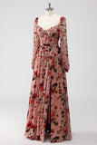 Dusty Rose Floral Corset Une Ligne Manches Longues Robe D’invitée De Mariage Avec Fente