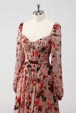 Dusty Rose Floral Corset Une Ligne Manches Longues Robe D’invitée De Mariage Avec Fente