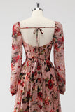 Dusty Rose Floral Corset Une Ligne Manches Longues Robe D’invitée De Mariage Avec Fente