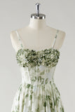 Fleur verte A-ligne spaghetti bretelles froncé Corset longue robe de demoiselle d’honneur