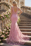 Robe de bal longue en taro sirène, col en V et fleurs 3D appliquées
