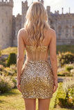 Robe de rentrée à la maison Bodycon dorée scintillante Sweetheart Gardens Corset transparent
