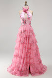 Blush à col nu découpée en chiffon à volants et robe de bal avec une fleur 3D