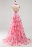Blush à col nu découpée en chiffon à volants et robe de bal avec une fleur 3D