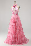 Blush à col nu découpée en chiffon à volants et robe de bal avec une fleur 3D