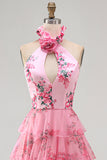 Blush à col nu découpée en chiffon à volants et robe de bal avec une fleur 3D