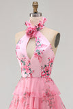 Blush à col nu découpée en chiffon à volants et robe de bal avec une fleur 3D