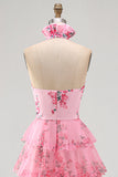 Blush à col nu découpée en chiffon à volants et robe de bal avec une fleur 3D