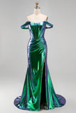 Robe de bal longue de bal en corset sirène vert émeraude métallique à épaules dénudées, fente sur le côté