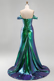 Robe de bal longue de bal en corset sirène vert émeraude métallique à épaules dénudées, fente sur le côté