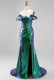 Robe de bal longue de bal en corset sirène vert émeraude métallique à épaules dénudées, fente sur le côté