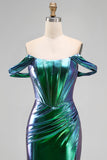 Robe de bal longue de bal en corset sirène vert émeraude métallique à épaules dénudées, fente sur le côté